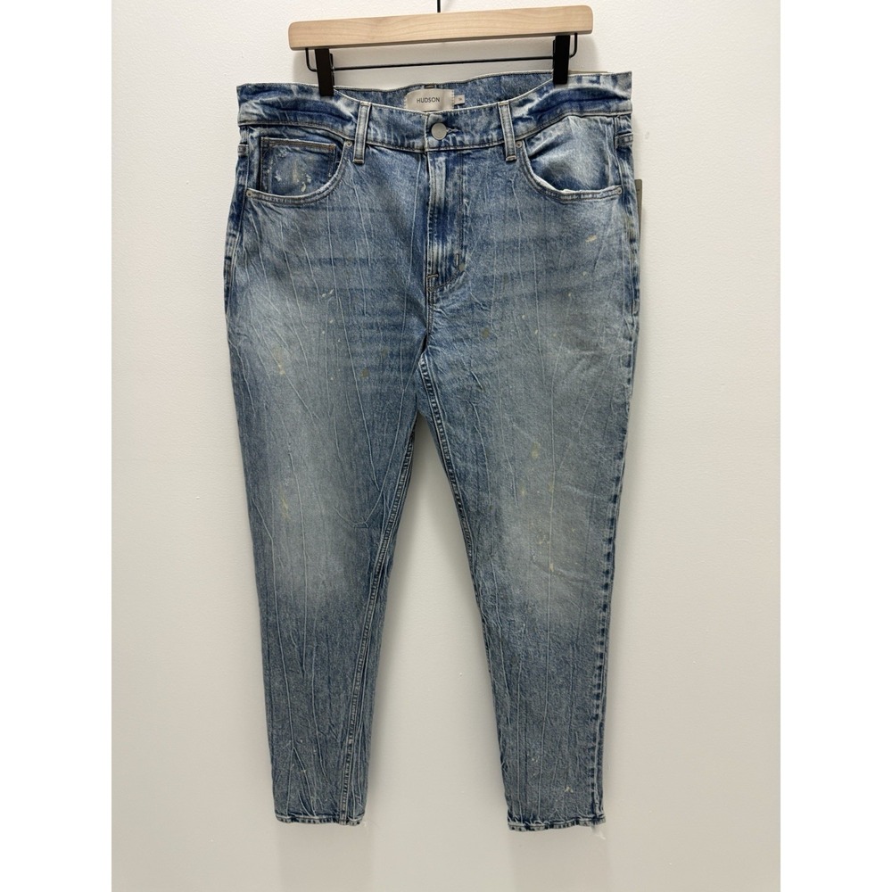 Hudson Zack Skinny Jeans Mens 36 X 32 Light Blue Distressed Paint Splatter‎ Nwt